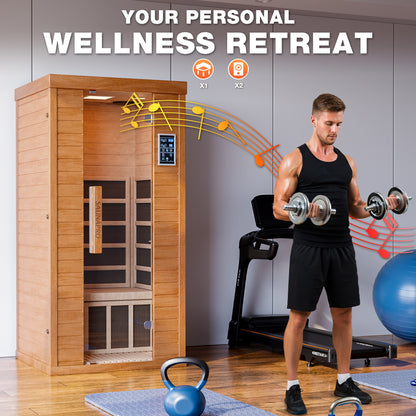 1-Person Sauna Room, Indoor Spectrum Infrared Sauna for Home, Dry Sauna with WiFi/BT Control and 5 Heater Panels, 9-Color Light Therapy, Safe Flame-Retardant Material, Wood Low EMF 1200W/120V Heater, Home Spa and Gym Use