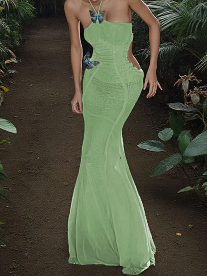 Scacto Women'S Elegant Butterfly Halter Backless Mermaid Gown - Solid /Color Formal Party Wedding Evening Dress with Keyhole Neckline, Long Sleeve & Train, Mermaid Hem, Belted Waist - Spring Summer Fall Formal Attire, Elegant