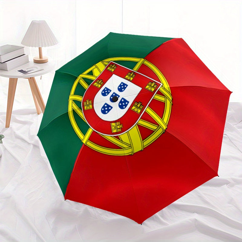 Modern Portuguese Flag Design Automatic Folding Umbrella - Durable Windproof Portable Travel Umbrella with 8 Ribs, 210T Pongee Fabric, Ideal for Holiday Gifts, Black & Red with Yellow & Blue Accents, Travel Umbrella, Gift Ite