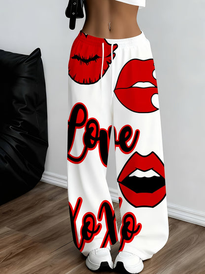 Love XoXo Printed Women's Sweatpants with Red Lips Design Casual Loose Fit Pants Fashion Streetwear Style Comfortable Joggers for Women