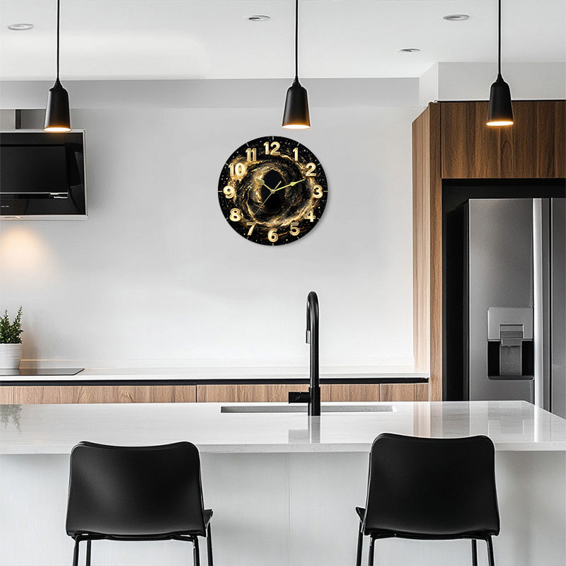 Glass Deep Sparkling Golden Vast Universe Wall Clock, Dark Tempered Glass Face with Film Coating for Living Room, Bedroom, Kitchen & Office Decor - Unique Aesthetic Home Artwork, Ideal Birthday Gift and Modern Housewarming Pr