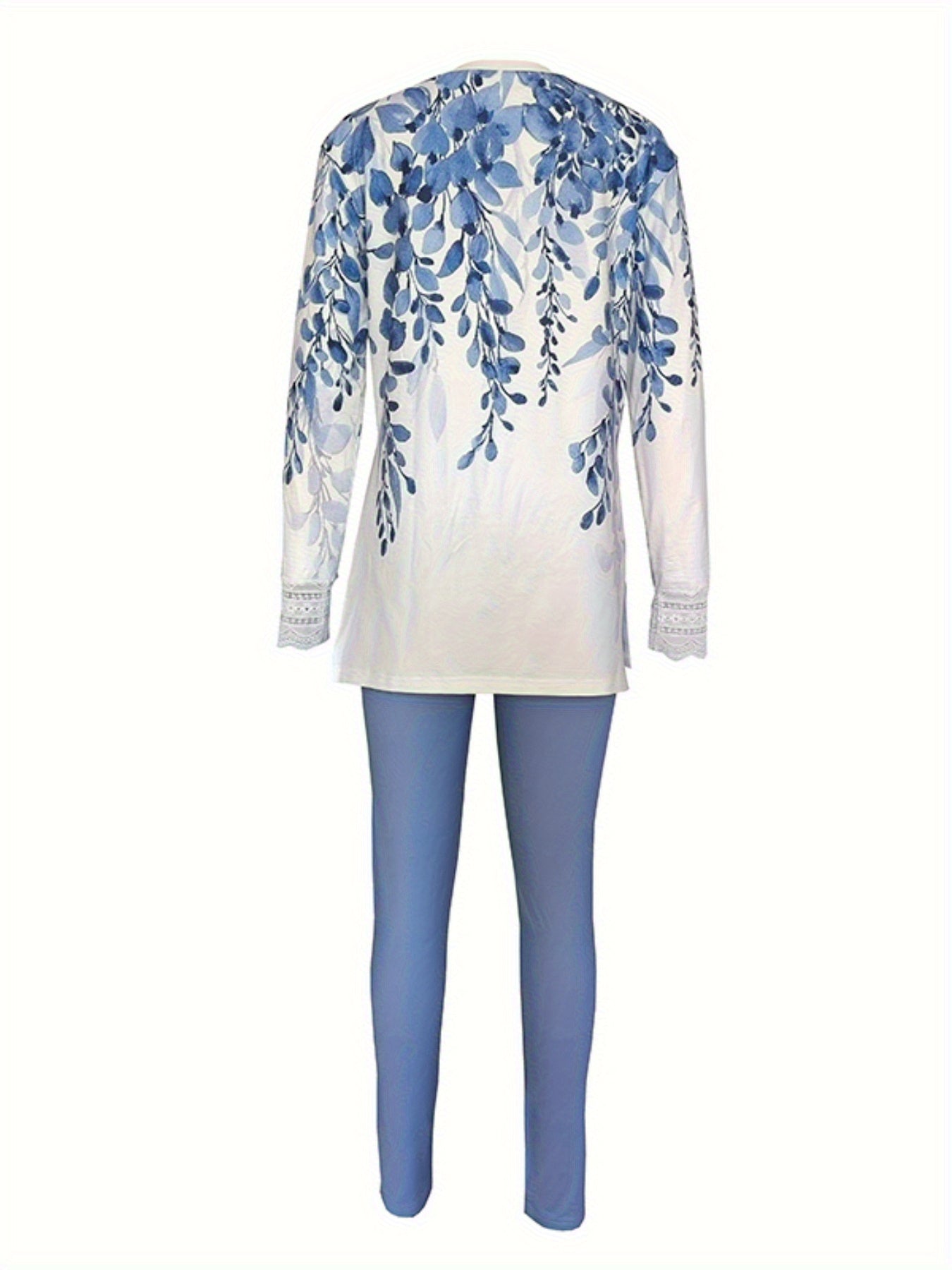 Women's Round Neck Printed Slit Long Sleeve Top& Long Pants Set- Casual Loungewear Outfit
