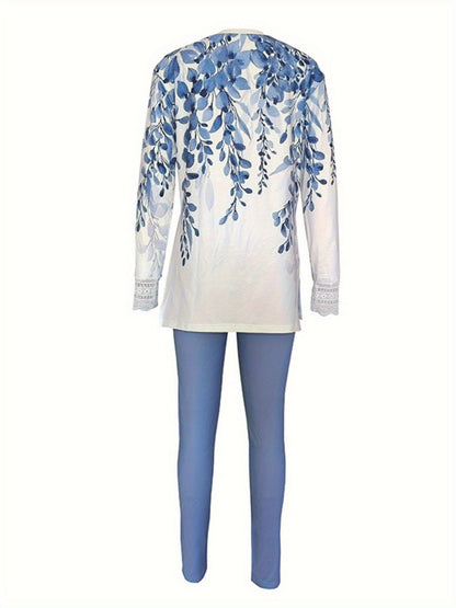Women's Round Neck Printed Slit Long Sleeve Top& Long Pants Set- Casual Loungewear Outfit