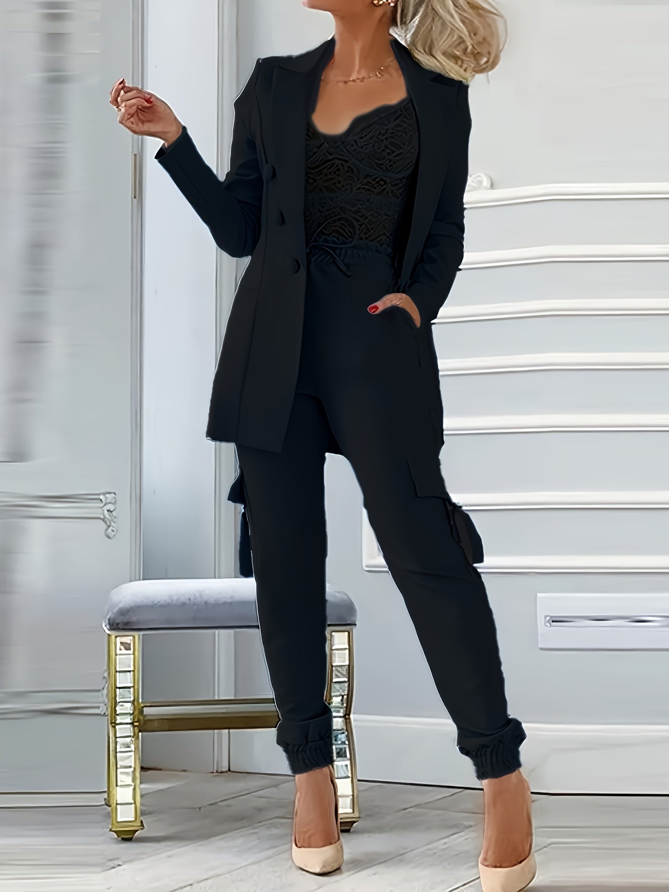 2025 Spring and Autumn Fashion Women's Solid Color Temperament Casual Suit Jacket + Elastic Waist Cuff Pants Set Commuter All-match Two-piece Set