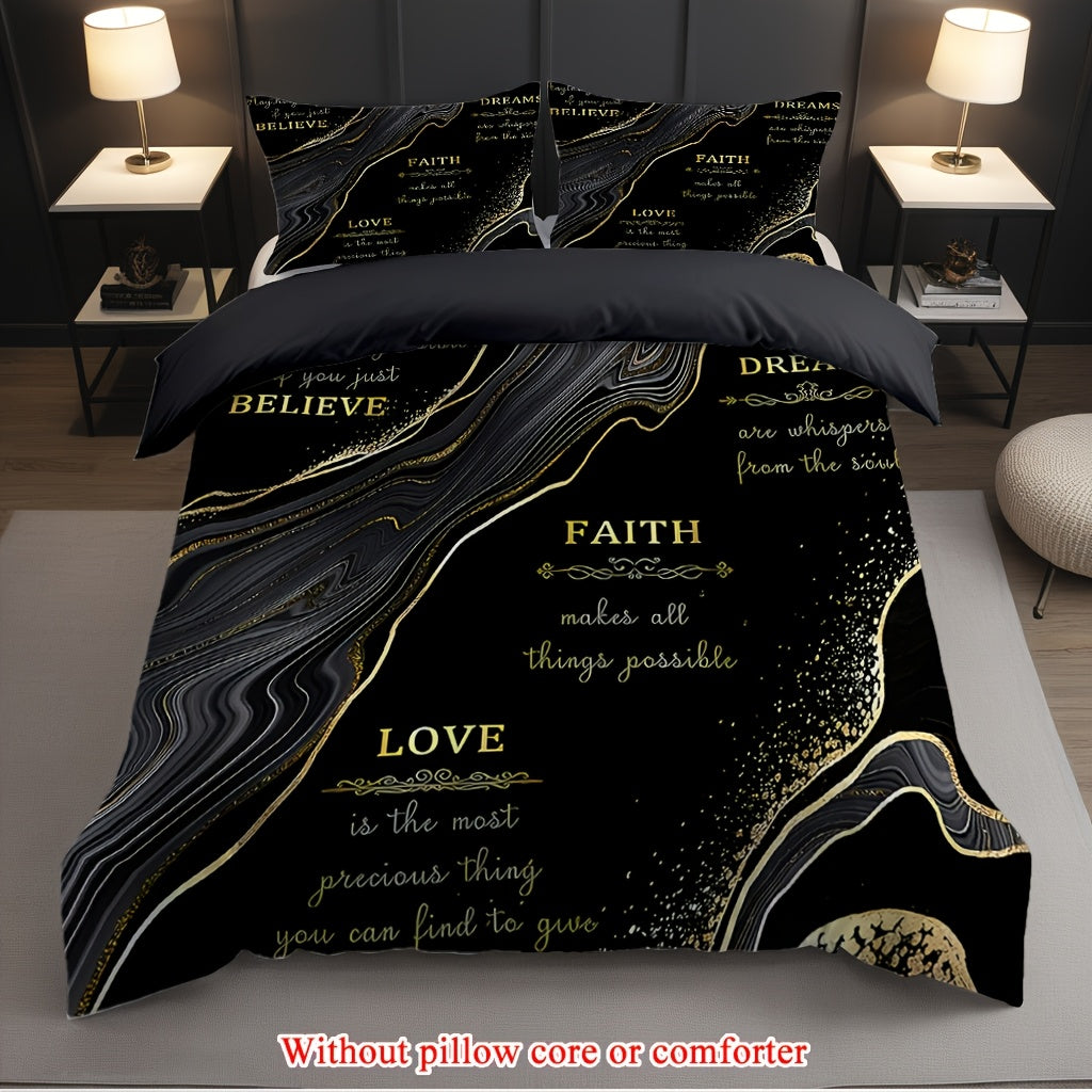 2/3pcs (1 Duvet Cover + 1/2 Pillowcase, Without Core) Black Golden Marble Cut Surface Message Luxury Style Print Soft Comfortable Bedding Set for Bedroom Dorm Room Family Gift