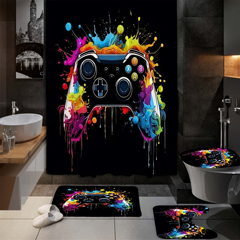 1/4pcs Game Controller Pattern Shower Curtain Four Piece Set, Including Waterproof Shower Curtain, Anti Slip Floor Mat, Toilet Seat Cover, And U-shaped Mat Shower Curtain Set, Twelve Hooks, Bathroom Accessories, Holiday Gifts