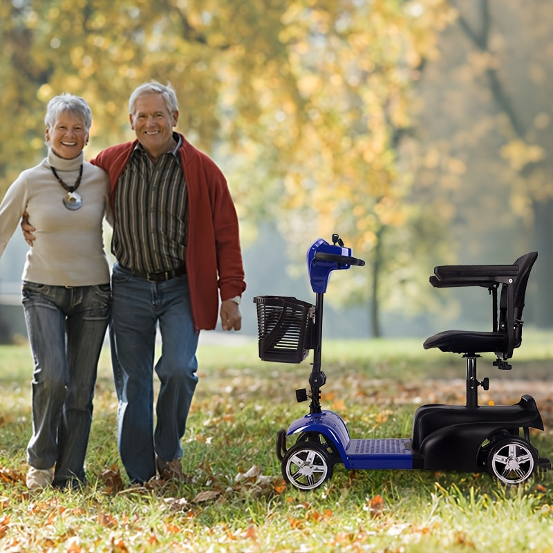 Mobility Aids for The, Four-wheel Foldable Mobility Scooters for Adults, 250w 12V, 12ah 15 Mile Long Range, with LED Headlights And A Detachable Storage Basket. Comes with A Tool Kit, Charger, And Instruction Manual.