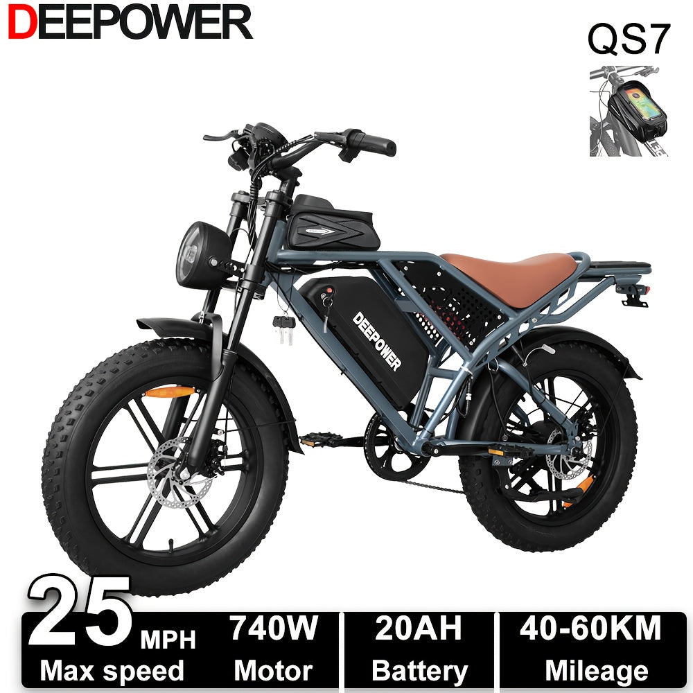 Deepower Electric Bike QS7 740W 48V 20AH/35AH/60AH 20 Inch Fat Tire Adult Electric Bike 80 Miles Range Mountain Cross Country Dual Battery Electric Bike