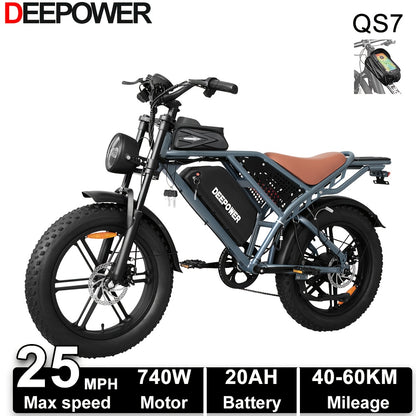 Deepower Electric Bike QS7 740W 48V 20AH/35AH/60AH 20 Inch Fat Tire Adult Electric Bike 80 Miles Range Mountain Cross Country Dual Battery Electric Bike