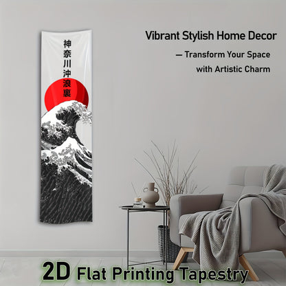 Extra Long Japanese Wall Hanging Tapestry - Great Wave off Kanagawa Ukiyo-e Art Poster, Large Vertical Floor Decor for Living Room, Bedroom, Dorm - Hokusai-Inspired Japanese Decor with Red Sun Symbol - Ideal Gift for Home Dec