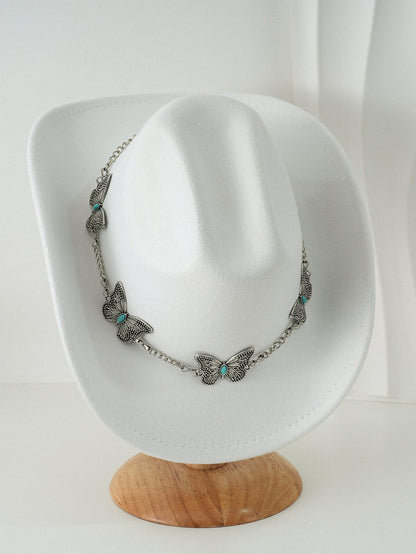 Women'S Bohemian Turquoise & White Cowboy Hat - Felt Wide Brim Sun Hat with Butterfly Metal Chain Accent, Non-Stretch Formal & Western Style for Christmas, Festivals, Casual Attire - Hand Washable Elegant Felt Cowboy Cap, Cow