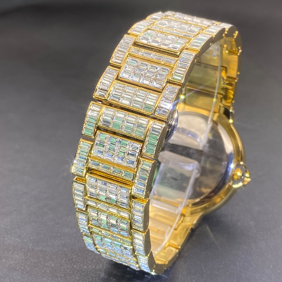 1pc PLADEN Luxury Men'S Square Ice Watch with Rhinestones, Fashion Hip-Hop Faux Faux Faux Gemstone, Round Dial, Alloy Band, Quartz Movement, Battery Operated, Water Resistant, for Party, New Year, Independence Day, Ramadan