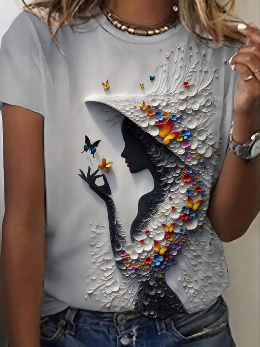 Plus-Size Women's Lightweight Breathable Stretchy Short Sleeve Crew Neck T-Shirt - Vibrant 3D All-Over Print Casual Summer Top, Machine Washable Daily Wear Tee, Butterfly Floral Design, Comfortable Fit Shirt