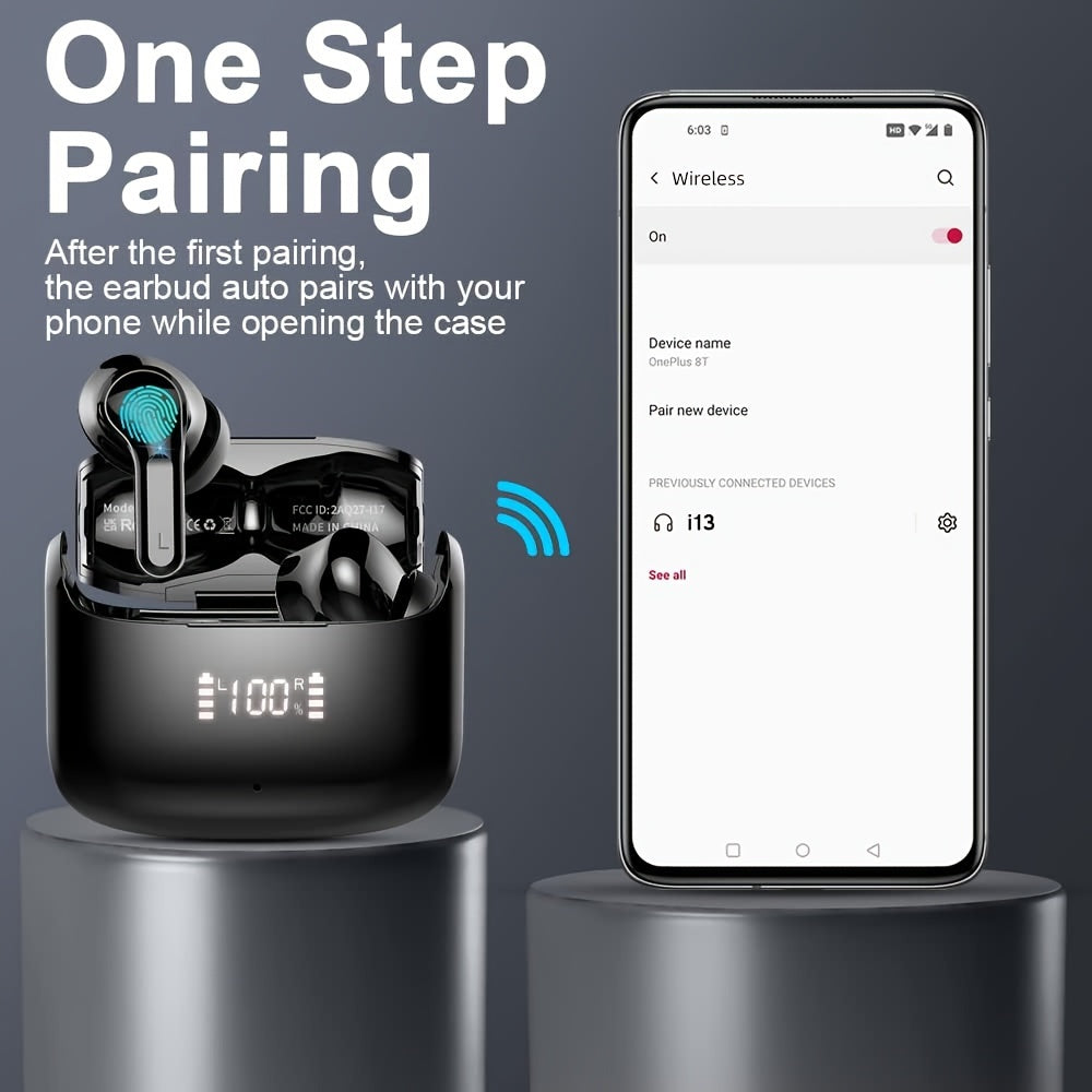 Wireless Earbud, Wireless Headphones 5.3 Stereo Bass Earphones, Ear Buds 40H Dual Mic Call, Earbud in-Ear USB-C LED Display Sport Headset