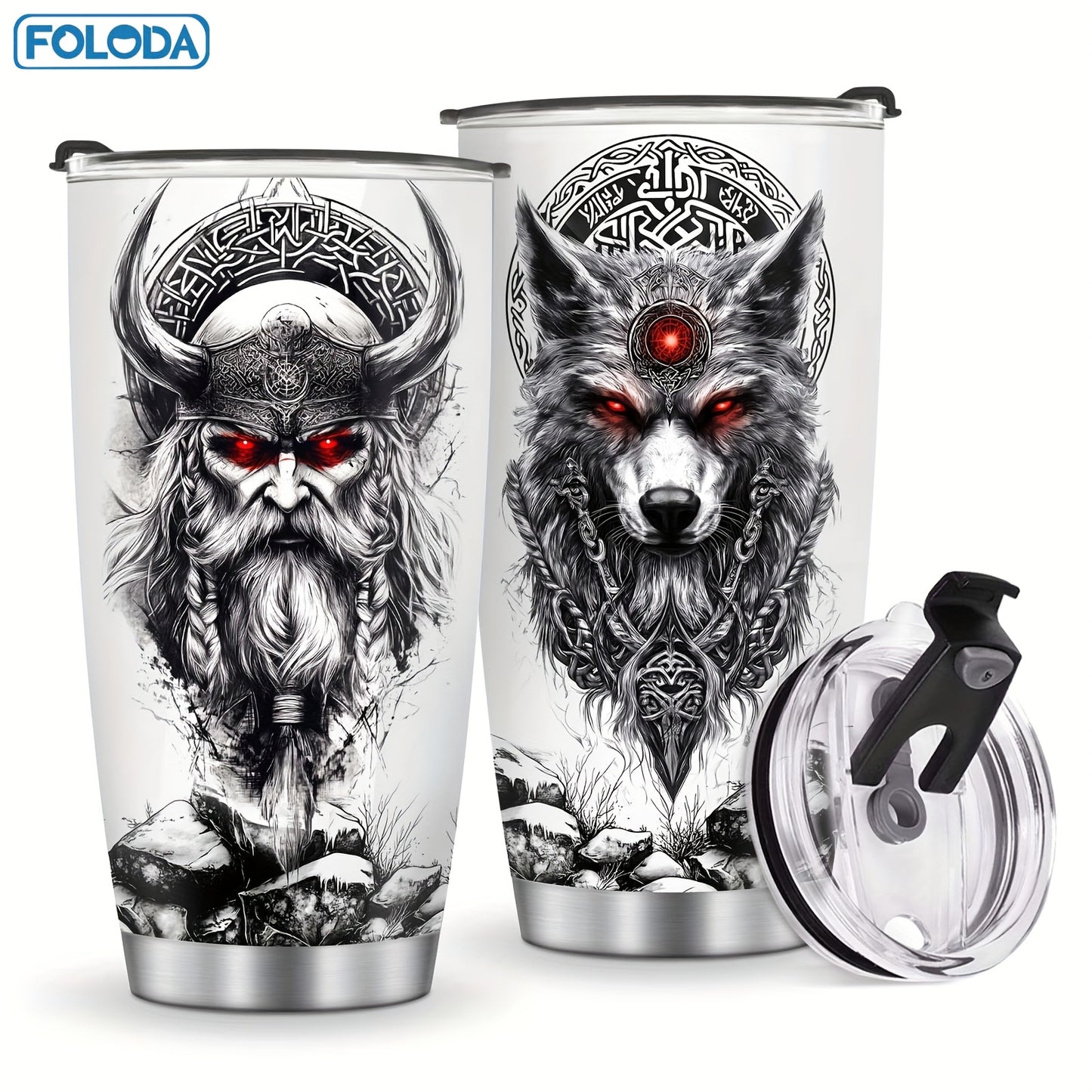 Foloda 20oz Viking Wolf Tumbler with Lid - Insulated Stainless Steel Travel Mug, Black & Red Norse Design, Keeps Drinks Hot/Cold, Perfect Gift for Men, Dad, Boys on Christmas, Valentine's, Father'S Day, Travel Coffee Mug|Viki