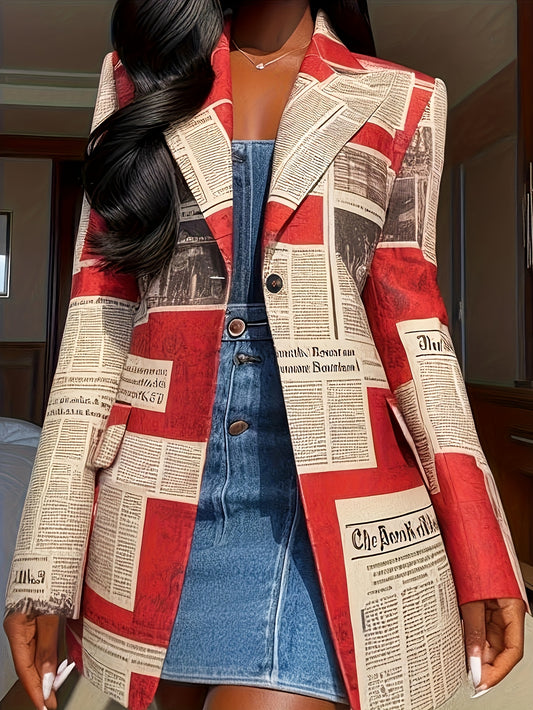 Fashionable And Elegant Retro Text Digital Printing Lapel Long Sleeve Urban Commuting Business Office Mid-length Suit Jacket