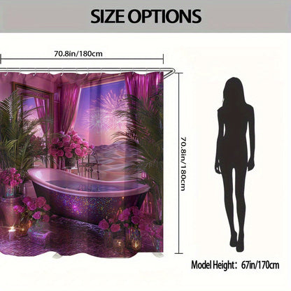 1/4pcs Dreamy Bathtub Night Scene Print Set, Extra Wide Circular Shower Curtain, Includes Non-Slip Mat, Toilet Seat Cover, Floor Mat, and 12 Plastic Hooks, Bathroom Accessories, Holiday Decoration, Home Gift, Shower Curtain S