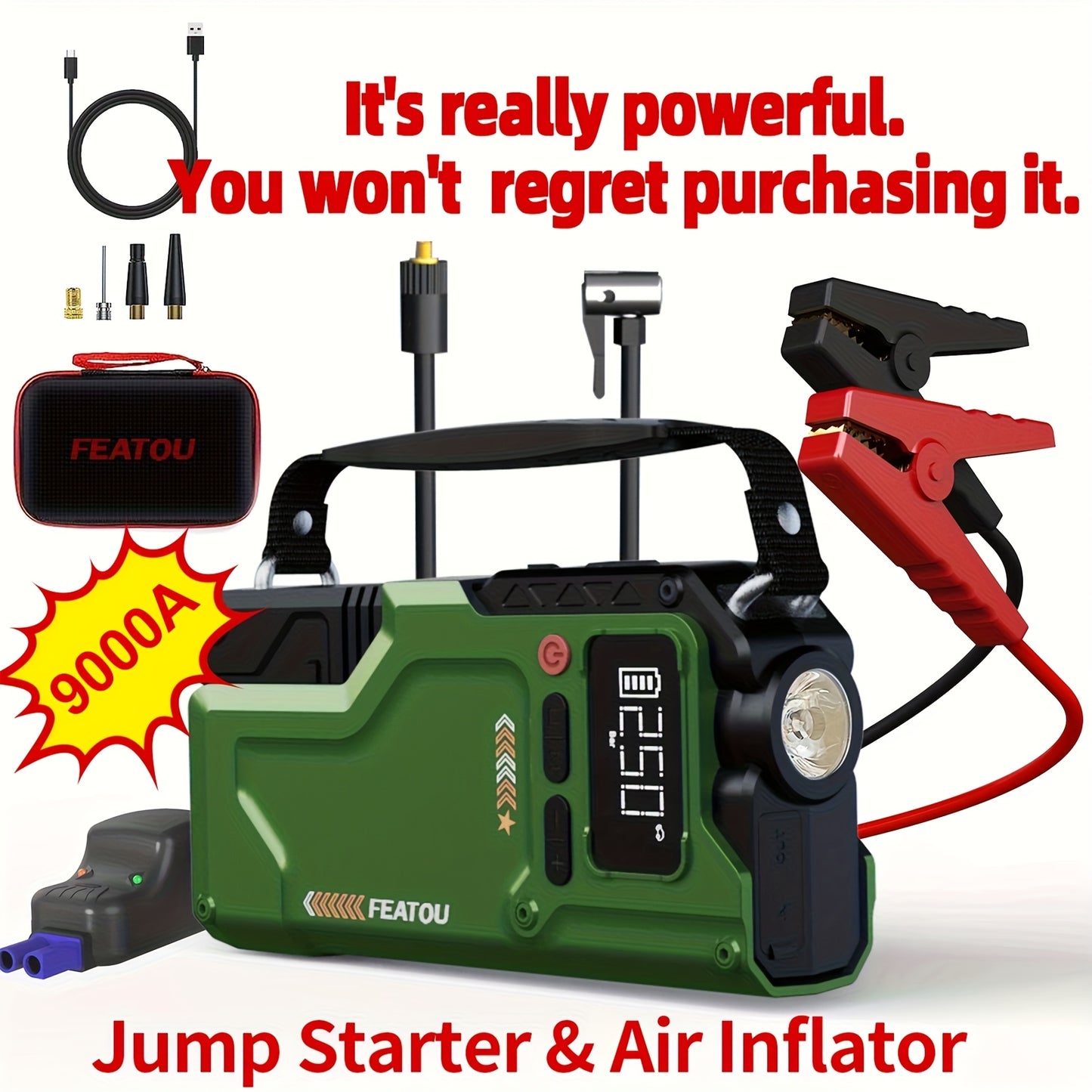 9000A Jump Starter with Air Compressor, 5in 1 Function Jump Box 150PSl JumpStarter Battery Pack with Digital Tire Inflator, Car Battery Charger Portable for 10L GasOr 9.0L Diesel Battery Charger, Car Jumper Starter Portable