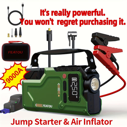 9000A Jump Starter with Air Compressor, 5in 1 Function Jump Box 150PSl JumpStarter Battery Pack with Digital Tire Inflator, Car Battery Charger Portable for 10L GasOr 9.0L Diesel Battery Charger, Car Jumper Starter Portable