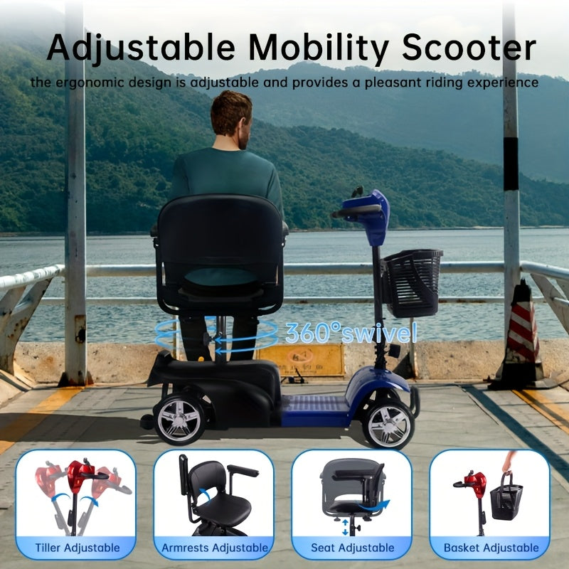 Mobility Aids for The, Four-wheel Foldable Mobility Scooters for Adults, 250w 12V, 12ah 15 Mile Long Range, with LED Headlights And A Detachable Storage Basket. Comes with A Tool Kit, Charger, And Instruction Manual.