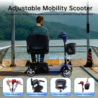 Mobility Aids for The, Four-wheel Foldable Mobility Scooters for Adults, 250w 12V, 12ah 15 Mile Long Range, with LED Headlights And A Detachable Storage Basket. Comes with A Tool Kit, Charger, And Instruction Manual.