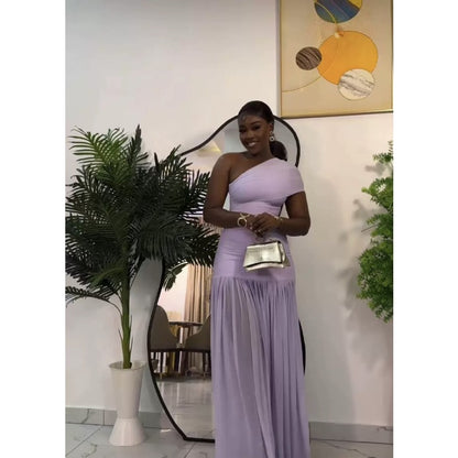 Elegant Mermaid/Trumpet Long Dress - Sleeveless Asymmetrical Slanted Collar & Slit Hem, Slim Fit -Length Party Wedding Guest Gown, Prom Dress for Themed Events, Daily Wear (No Feathers)