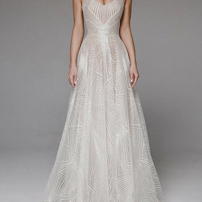 Geometric Beaded Spaghetti Strap V-Neck Flared Wedding Dress, Lightweight Tulle Fitted Gown, Simple and Elegant Style