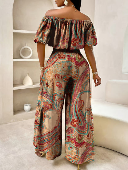Summer Paisley Print Single Shoulder Bat Sleeve with Lace Edge Off Shoulder Short Top and Wide Leg Pants Set