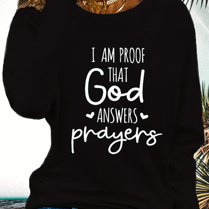 Women's Faith T-Shirt - "I Am Proof God Answers Prayers" Verse Print, Blue Long Sleeve Crew Neck Casual Top, 180gsm Heavyweight Religious Apparel for Church, Casual Attire & Prayer Outfits