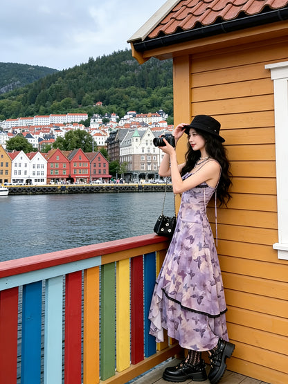 French Vintage Butterfly Floral Camisole Fairy Dress, New Summer Style, Elegant Waist- Mesh Midi Dress