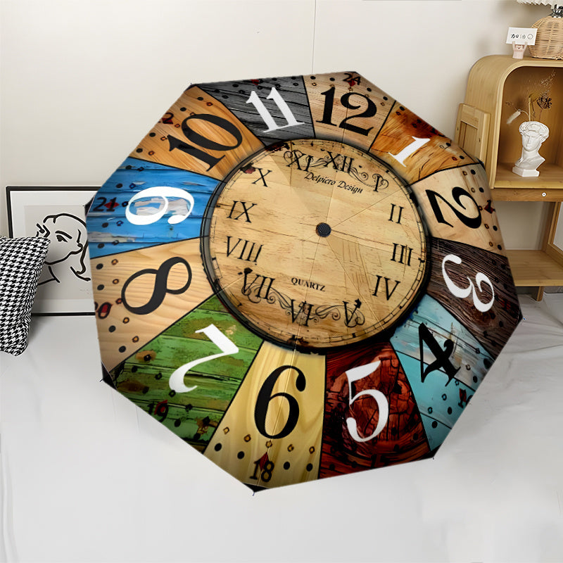 Automatic Open/Close Umbrella with 8 Metal Ribs - Vintage Clock Design, Windproof & Portable Sunshade, Compact Folding Umbrella for Women/Men, Halloween/Christmas Gifts (Brown/Blue/Green/Red/Black/White/Teal/Beige) - Model K0