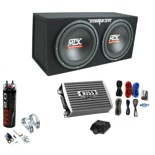 MTX TNE212D 12" 1200W Dual Loaded Subwoofer Box + 1500W Amplifier + Capacitor