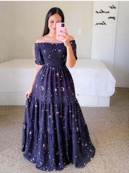 2023 New Spring Summer European and American Women's Fashion Off-Shoulder Floral Print Long Dress