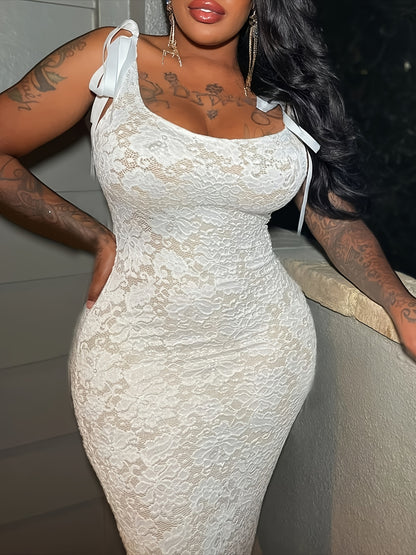 White Lace Maxi Dress with Bow Tie Strap - Slim Fit Slip Dress for Wedding Guest Gown, Prom Dress & Spring Summer Evening Formal Wear - Machine Washable Round Neck Club Dress (No Transparency) - Stock