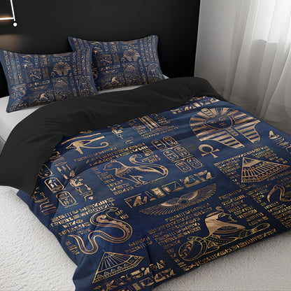 Ancient Egyptian Symbols Duvet Cover Set - Soft High-Definition Digital Print, Blue Polyester, Includes Duvet Cover And Pillowcases, All-Season Use, Perfect Gift For Family And Friends, Machine Washable, Easy Care