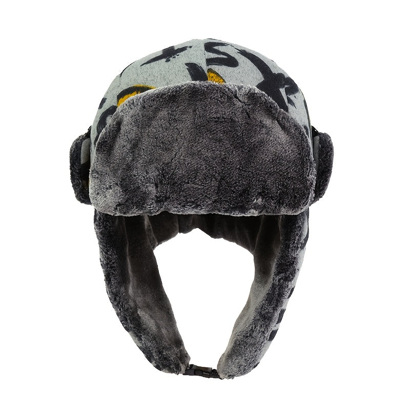 Unisex Winter Warm Beanie with Graffiti Lettering & Fur Ears - Enhanced Cold Protection, Ice-Safe for Cycling, iceskating, icy activities – Grey/Black Yellow Streetwear Style Easy to Maintain Hand wash / Dry Clean Unisex Au