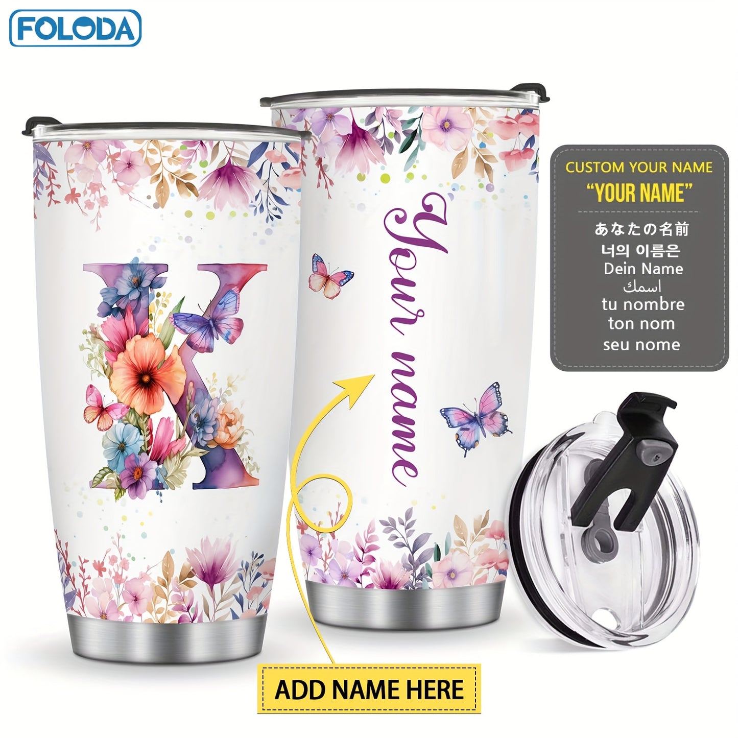 Foloda 1pc Personalized Flower Initials Tumbler Christmas Gift 20oz Mug with Letter Flower Butterfly, Travel Cup for Wedding Birthday Graduation Party, Birthday Valentine's Day Mother's Day Gifts Stainless Steel Mug with Lid