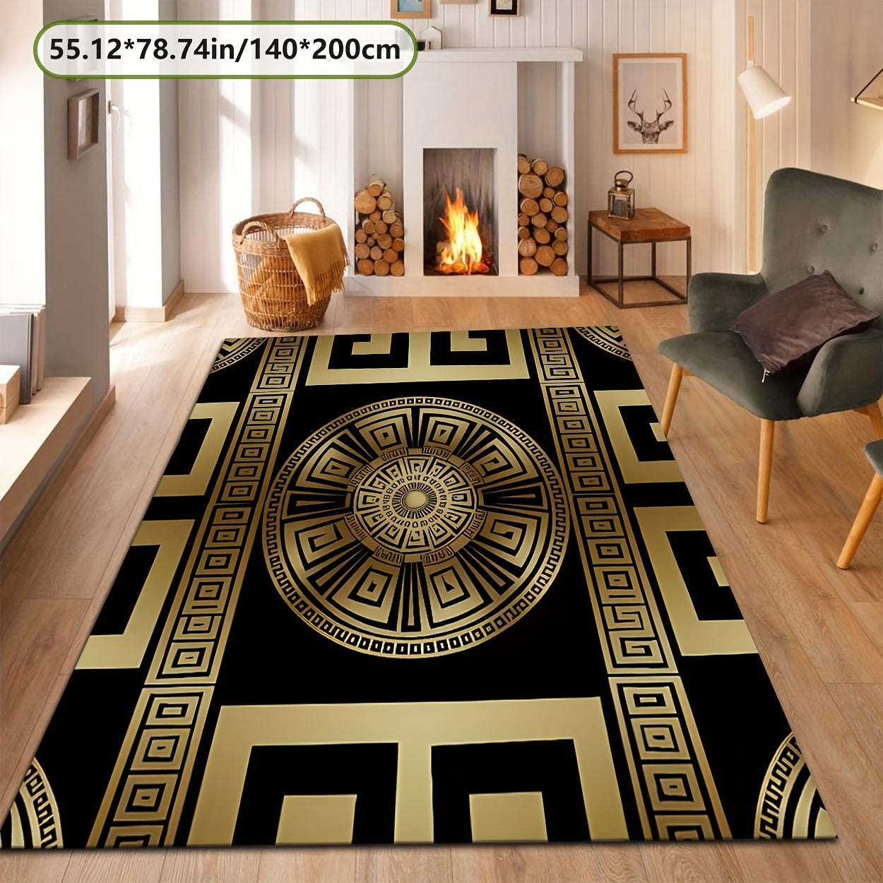 Black and Golden Greek Pattern Mat, Soft and Durable, Machine Washable and Easy to Clean, Lightweight, Soft, Comfortable, High-end Velvet + 7mm Thickness + Non-slip Backing + Over 800g per square meter, Kitchen Mat, Living Ro