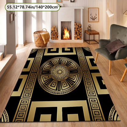 Black and Golden Greek Pattern Mat, Soft and Durable, Machine Washable and Easy to Clean, Lightweight, Soft, Comfortable, High-end Velvet + 7mm Thickness + Non-slip Backing + Over 800g per square meter, Kitchen Mat, Living Ro