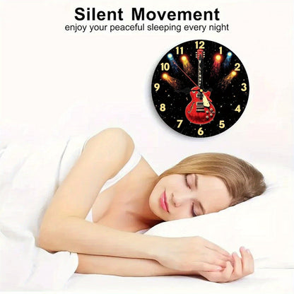 bell Z, 1pc Guitar Theme Wooden Wall Clock- Silent Non-Ticking Japanese Quartz Movement, AA Battery Powered(Not Included), Bright Red Electric Guitar and Fireworks Star Pattern, Round Shape Suitable for Living Room, Bedroom,