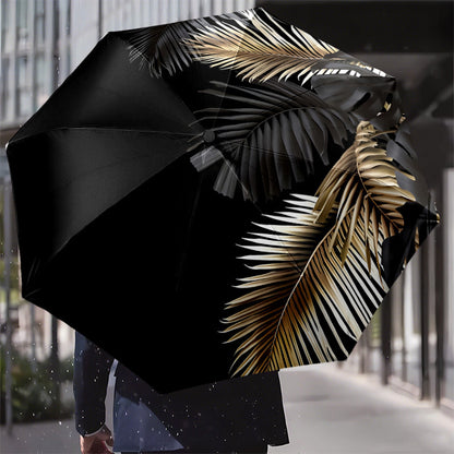 Automatic Open/Close Umbrella with One-Touch Button - Windproof 8-Rib Sturdy Frame, Black & Golden Leaf Design - Compact Travel Umbrella with One-Button Closing Mechanism for Men & Women, Automatic Open/Close, Black & Golden/
