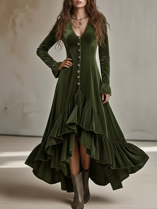 Women's Dark Green Corduroy V-Neck Ruffled Maxi Dress - Bohemian Asymmetric Hem Vintage Party Dress Suitable for Music Festivals, Winter Weddings & Special Occasions - Hand Washable Fitted Maxi Gown