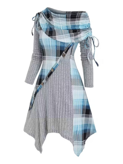 1pc Women's Plaid Patchwork Asymmetrical Dress - Turquoise Blue/Black/White/Gray A-Line Fitted Silhouette with Off-Shoulder/One-Shoulder Neckline & Drawstring Waist, Hand Washable Winter Dress for Casual Outings, Dates & Part