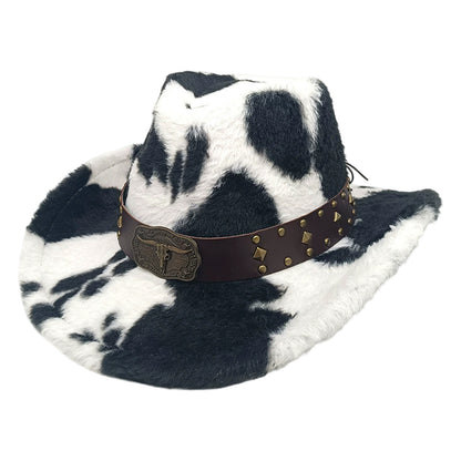 Warm Plush Fuzzy Cowgirl Hat with Bull Head Belt - Unisex Western /H Cow Spot Jazz Cap for Rodeo, Ranch, Themed Parties | Hand Washable for men & women