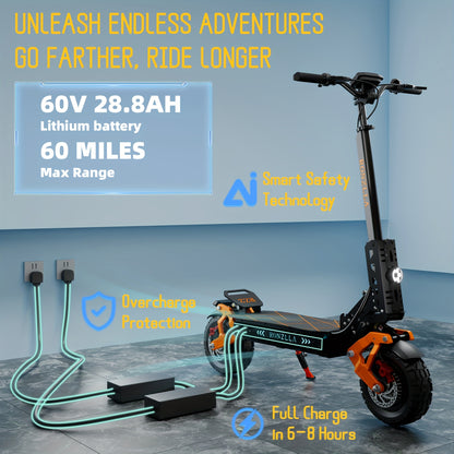 Fast Electric Scooter 60V 28.8A, 749W Dual Motor System for Unbeatable Speed, 60 Miles Long Range, Off Road All Terrain 11 Inch Tires, Full Suspensions & Seat, A True Hyper Scooter And One Of The Fastest Heavy Duty E-scooter