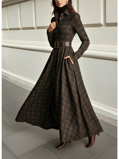 Brown-Black Plaid Collared Waist-Cinched Belt-Trimmed Flared Maxi Dress | Retro Elegant Temperament Style for Daily Outings, Formal Gatherings & Casual Dates, Perfect for Fall/Winter