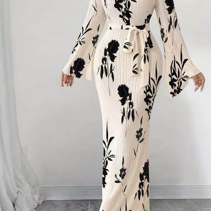 Women's Elegant Pleated Fabric Flared Long Sleeve Dress for Autumn and Winter