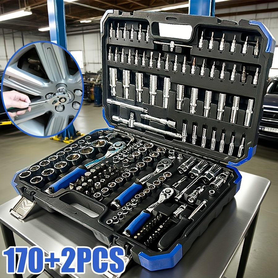 170+2/53+1pc Professional Car Repair Tool Set, Ratchet Wrench And Durable Toolbox, 1/2 * 1/4 "3/8" Drive Depth And Standard Socket, Suitable For Car Repair, Home And Projects, Worry Free Operation For Men And Women, Christmas