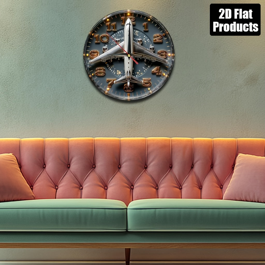 1pc Aviation-Themed Airplane Wall Clock - 9.8 Inch Round Dark Blue & Golden Artificial Wood Silent Non-Ticking Large Easy-Read Black Hands, Farmhouse Decor for Home Office Kitchen Bedroom, Aviation Enthusiast Gift (Battery No