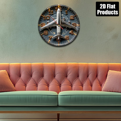 1pc Aviation-Themed Airplane Wall Clock - 9.8 Inch Round Dark Blue & Golden Artificial Wood Silent Non-Ticking Large Easy-Read Black Hands, Farmhouse Decor for Home Office Kitchen Bedroom, Aviation Enthusiast Gift (Battery No